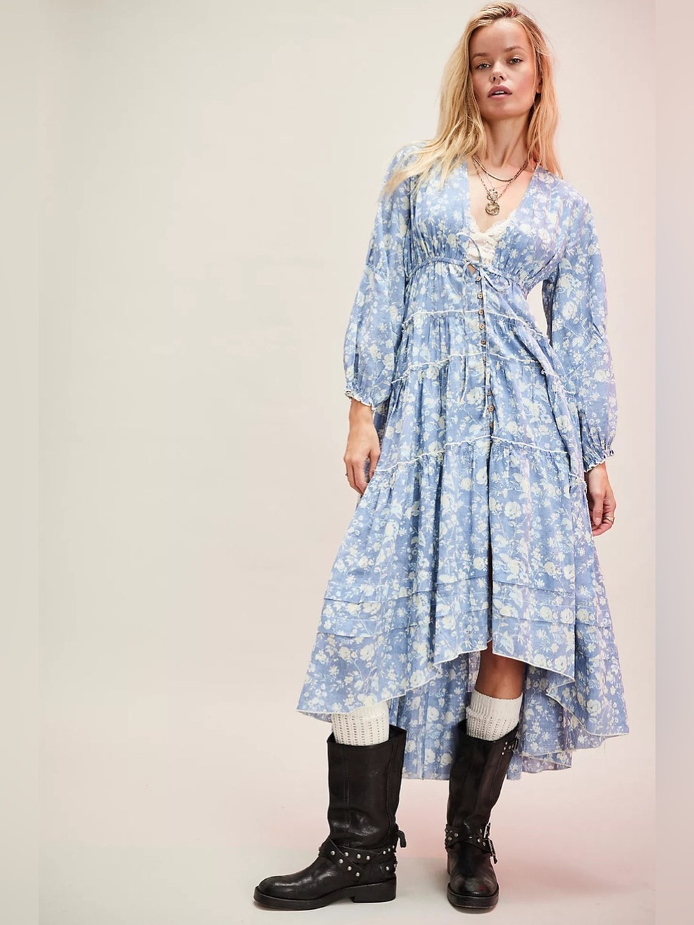 NWT FREE PEOPLE Pappiet Midi Dress | Blue Combo MSRP $168 Size L - Picture 2 of 10
